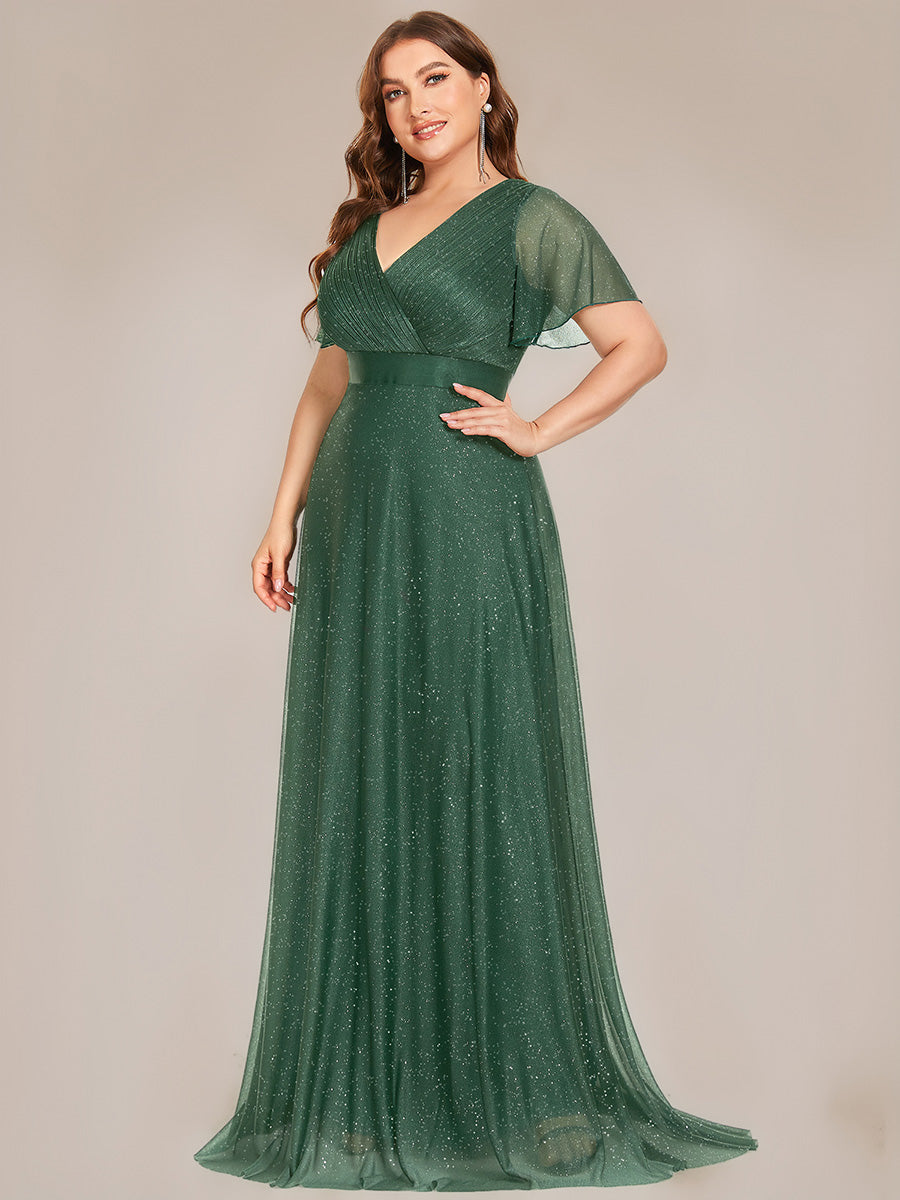 Plus Size Long Shimmery Pleated V-Neck Evening Dress with Flutter Sleeve #color_Eucalyptus Green