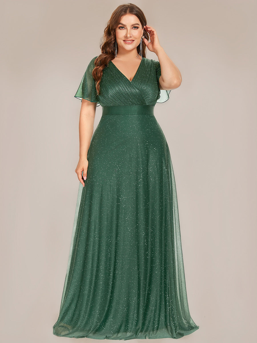 Plus Size Long Shimmery Pleated V-Neck Evening Dress with Flutter Sleeve #color_Eucalyptus Green