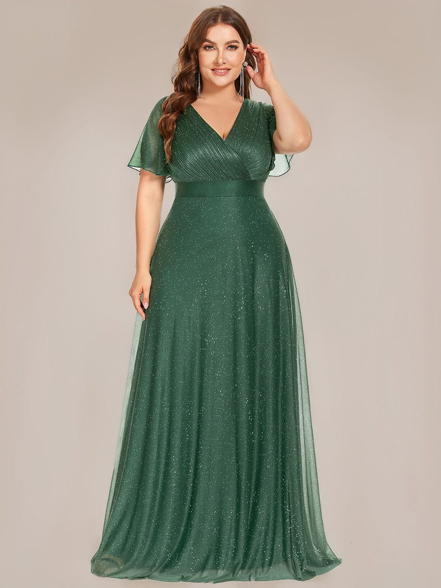 Plus Size Long Shimmery Pleated V-Neck Evening Dress with Flutter Sleeve #color_Eucalyptus Green