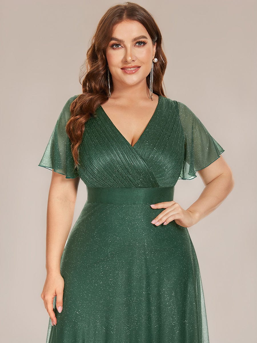 Plus Size Long Shimmery Pleated V-Neck Evening Dress with Flutter Sleeve #color_Eucalyptus Green