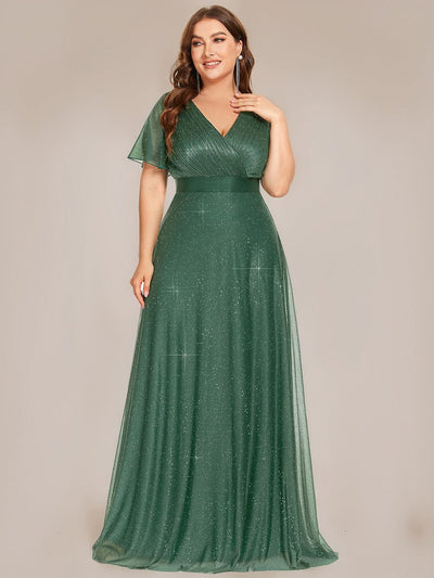 Plus Size Long Shimmery Pleated V-Neck Evening Dress with Flutter Sleeve #color_Eucalyptus Green