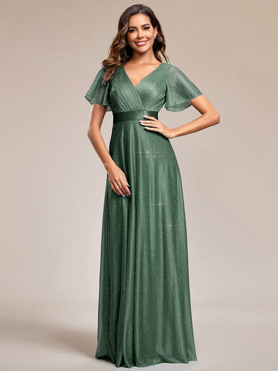 Plus Size Long Shimmery Pleated V-Neck Evening Dress with Flutter Sleeve #color_Eucalyptus Green