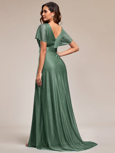 Plus Size Long Shimmery Pleated V-Neck Evening Dress with Flutter Sleeve #color_Eucalyptus Green