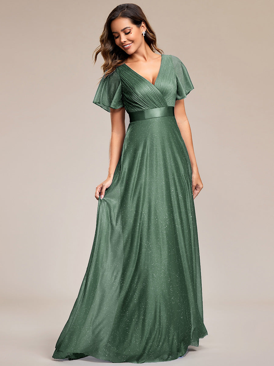 Plus Size Long Shimmery Pleated V-Neck Evening Dress with Flutter Sleeve #color_Eucalyptus Green