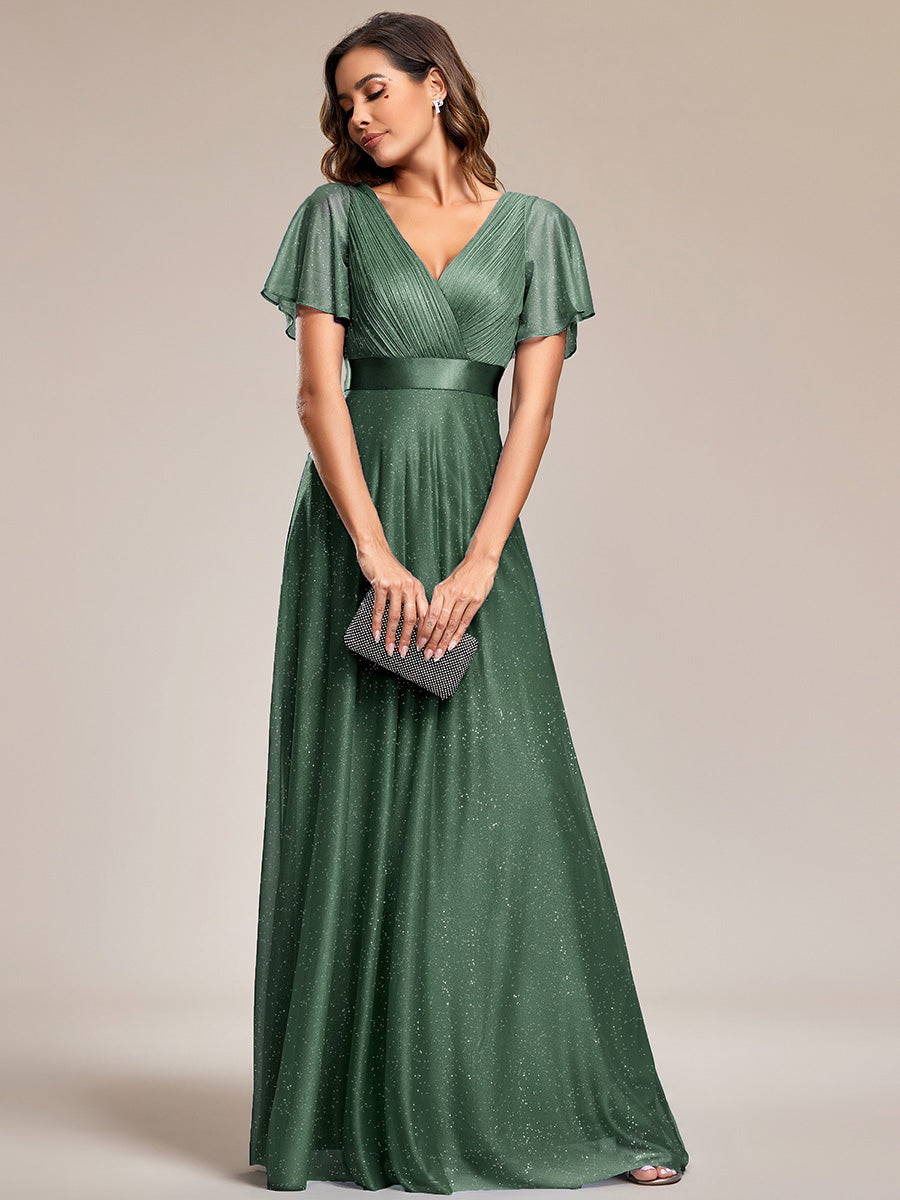 Plus Size Long Shimmery Pleated V-Neck Evening Dress with Flutter Sleeve #color_Eucalyptus Green