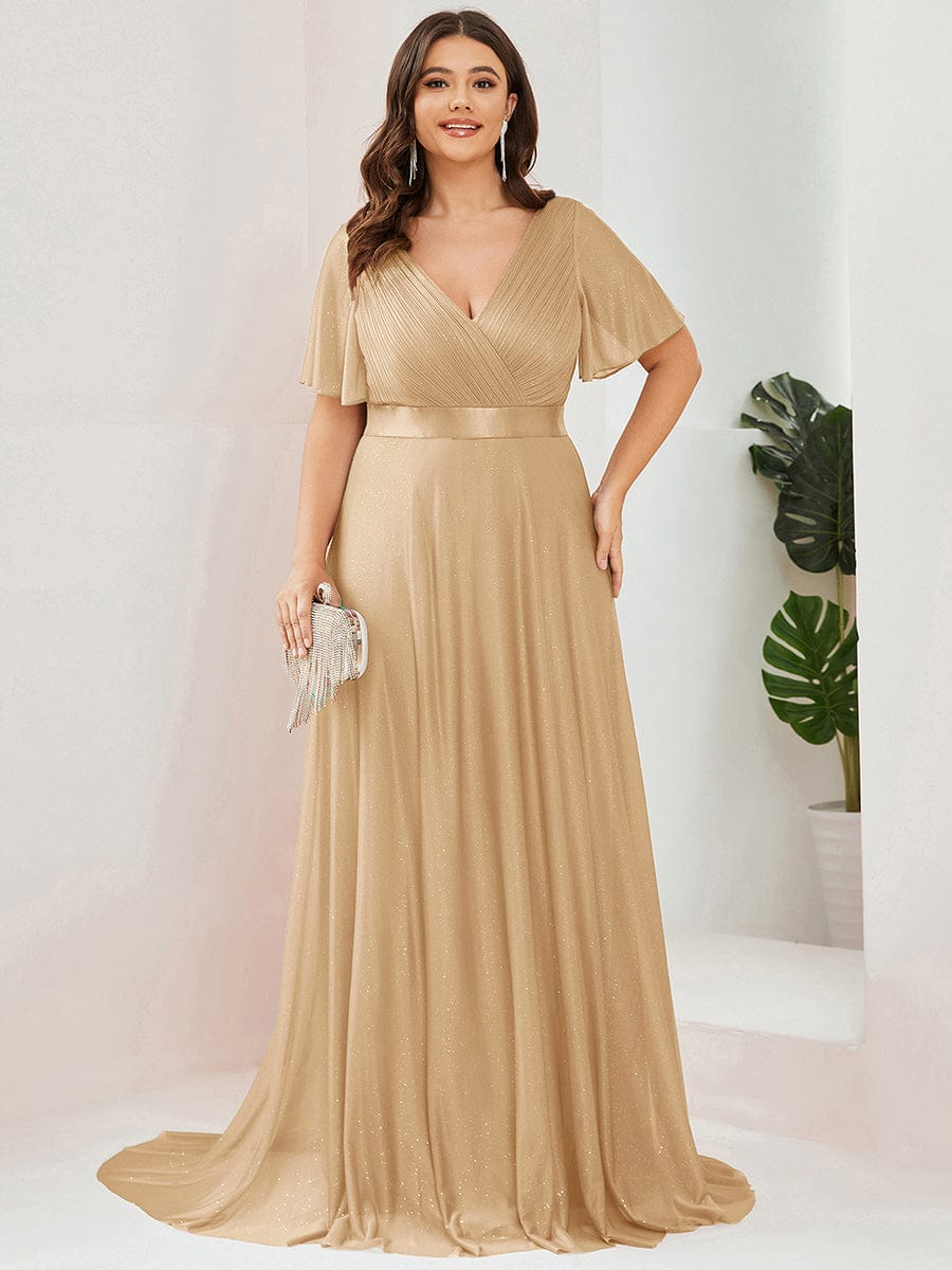 Plus Size Long Shimmery Pleated V-Neck Evening Dress with Flutter Sleeve #color_Gold