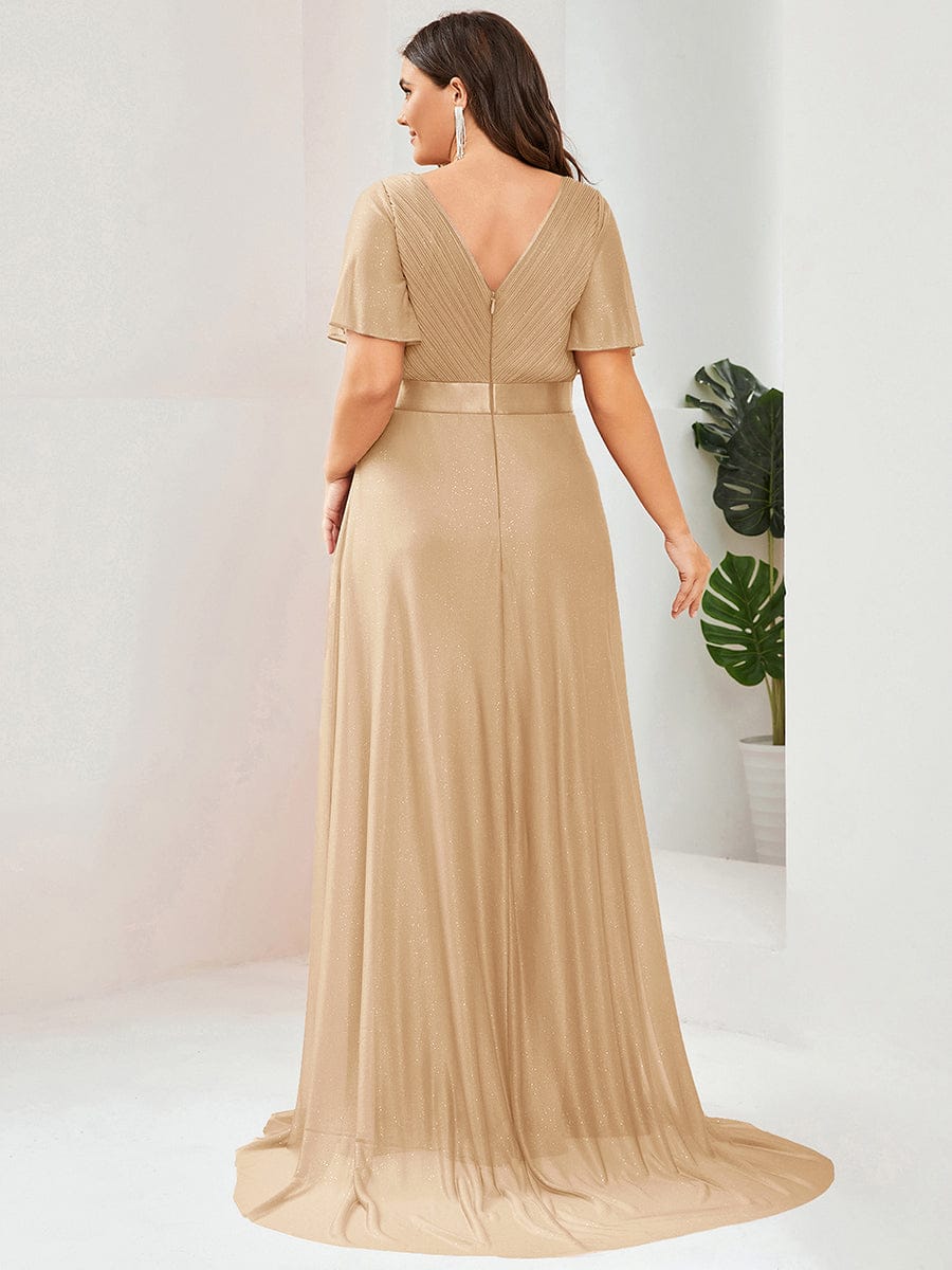 Plus Size Long Shimmery Pleated V-Neck Evening Dress with Flutter Sleeve #color_Gold