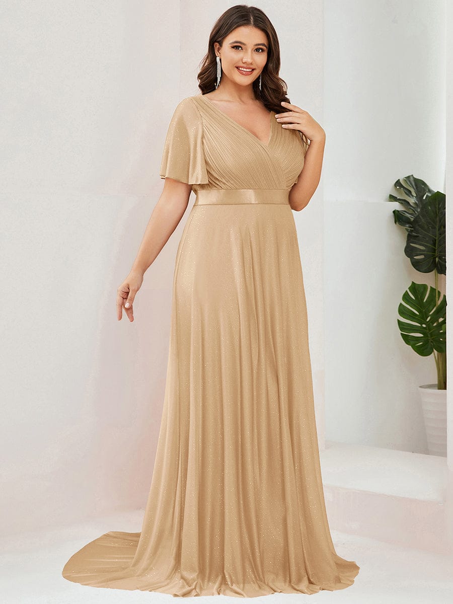 Plus Size Long Shimmery Pleated V-Neck Evening Dress with Flutter Sleeve #color_Gold