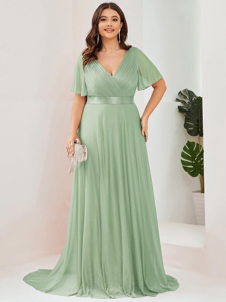 Long Shimmery Flutter Sleeve Pleated V-Neck Evening Dress #color_Mint Green