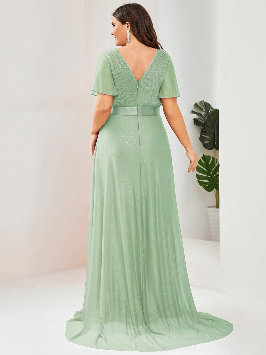 Long Shimmery Flutter Sleeve Pleated V-Neck Evening Dress #color_Mint Green