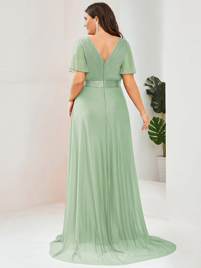Plus Size Long Shimmery Pleated V-Neck Evening Dress with Flutter Sleeve #color_Mint Green