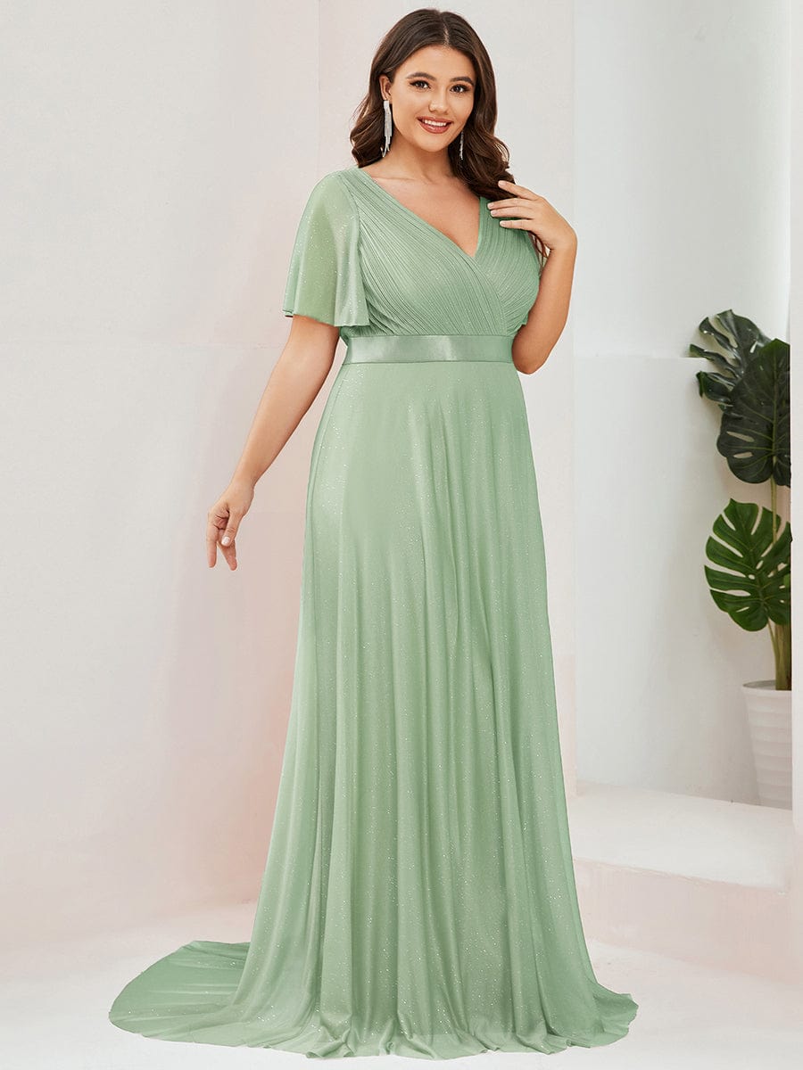 Long Shimmery Flutter Sleeve Pleated V-Neck Evening Dress #color_Mint Green