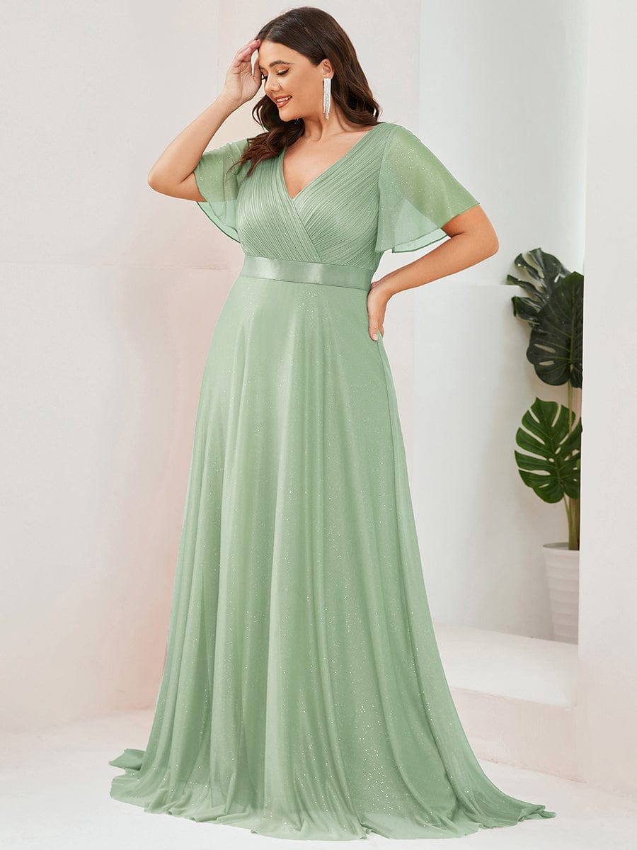 Long Shimmery Flutter Sleeve Pleated V-Neck Evening Dress #color_Mint Green