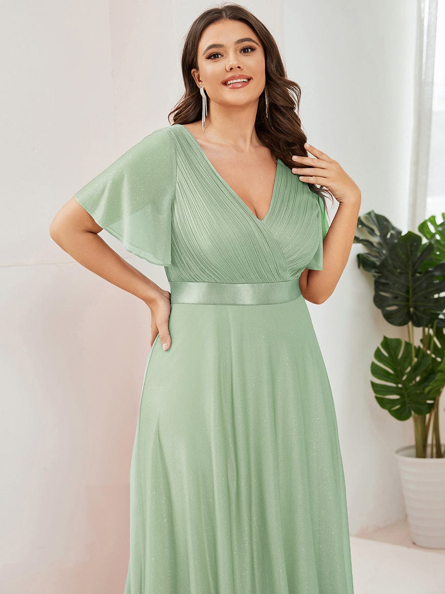 Long Shimmery Flutter Sleeve Pleated V-Neck Evening Dress #color_Mint Green