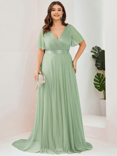 Plus Size Long Shimmery Pleated V-Neck Evening Dress with Flutter Sleeve #color_Mint Green