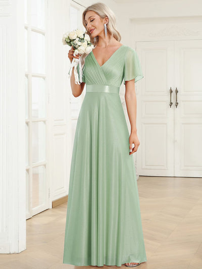 Long Shimmery Flutter Sleeve Pleated V-Neck Evening Dress #color_Mint Green