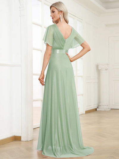 Long Shimmery Flutter Sleeve Pleated V-Neck Evening Dress #color_Mint Green