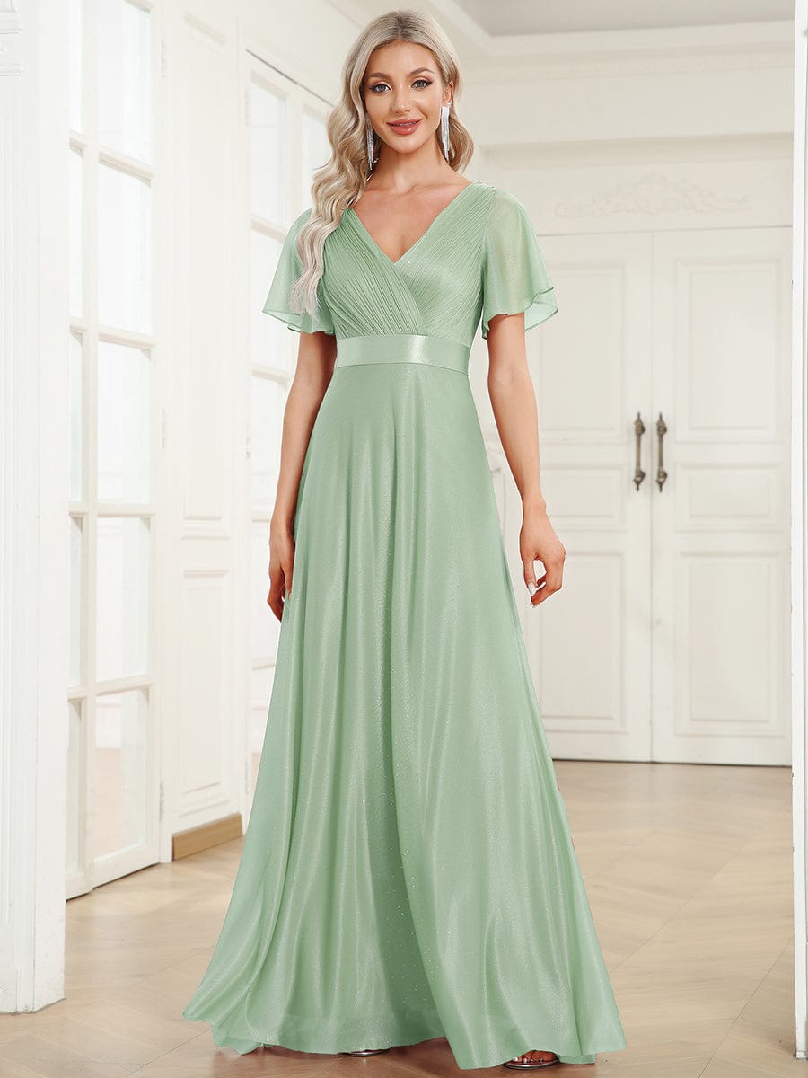 Long Shimmery Flutter Sleeve Pleated V-Neck Evening Dress #color_Mint Green