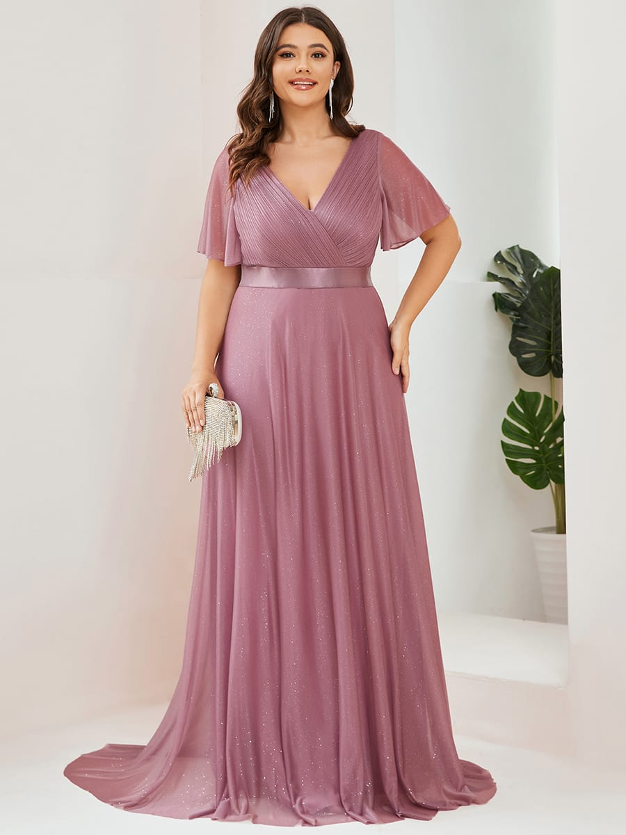 Long Shimmery Flutter Sleeve Pleated V-Neck Evening Dress #color_Purple Orchid