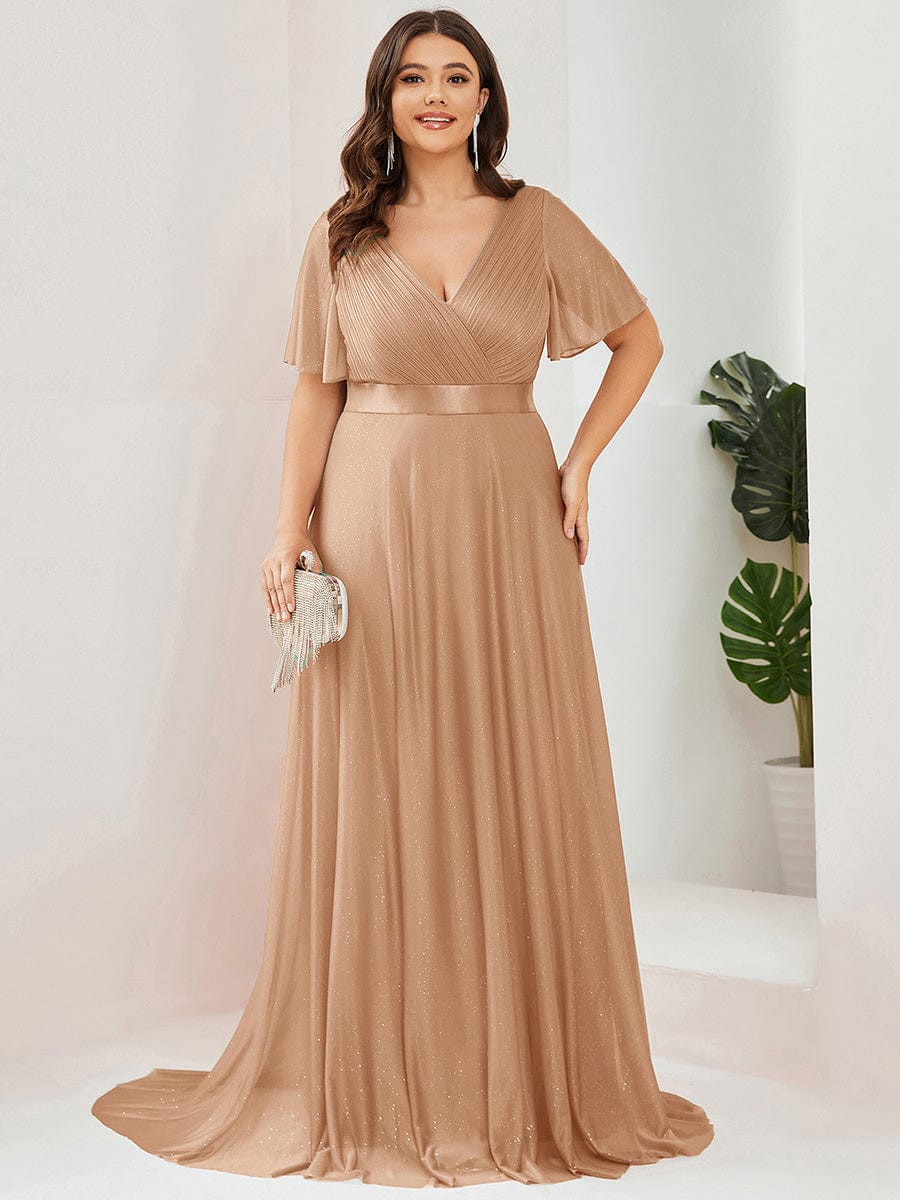 Long Shimmery Flutter Sleeve Pleated V-Neck Evening Dress #color_Rose Gold