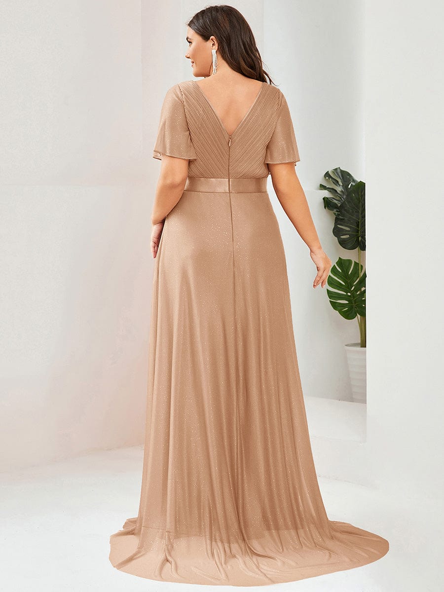 Long Shimmery Flutter Sleeve Pleated V-Neck Evening Dress #color_Rose Gold