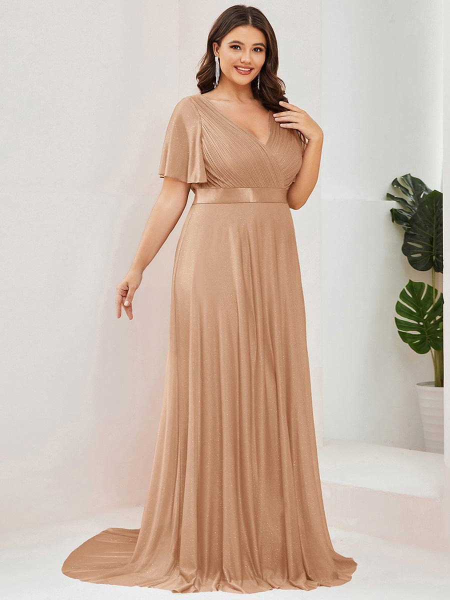 Long Shimmery Flutter Sleeve Pleated V-Neck Evening Dress #color_Rose Gold