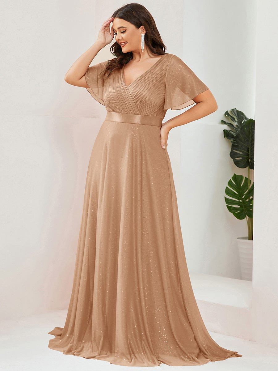 Long Shimmery Flutter Sleeve Pleated V-Neck Evening Dress #color_Rose Gold