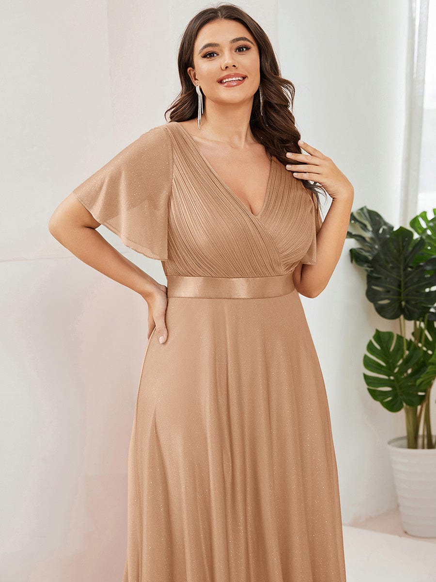 Long Shimmery Flutter Sleeve Pleated V-Neck Evening Dress #color_Rose Gold