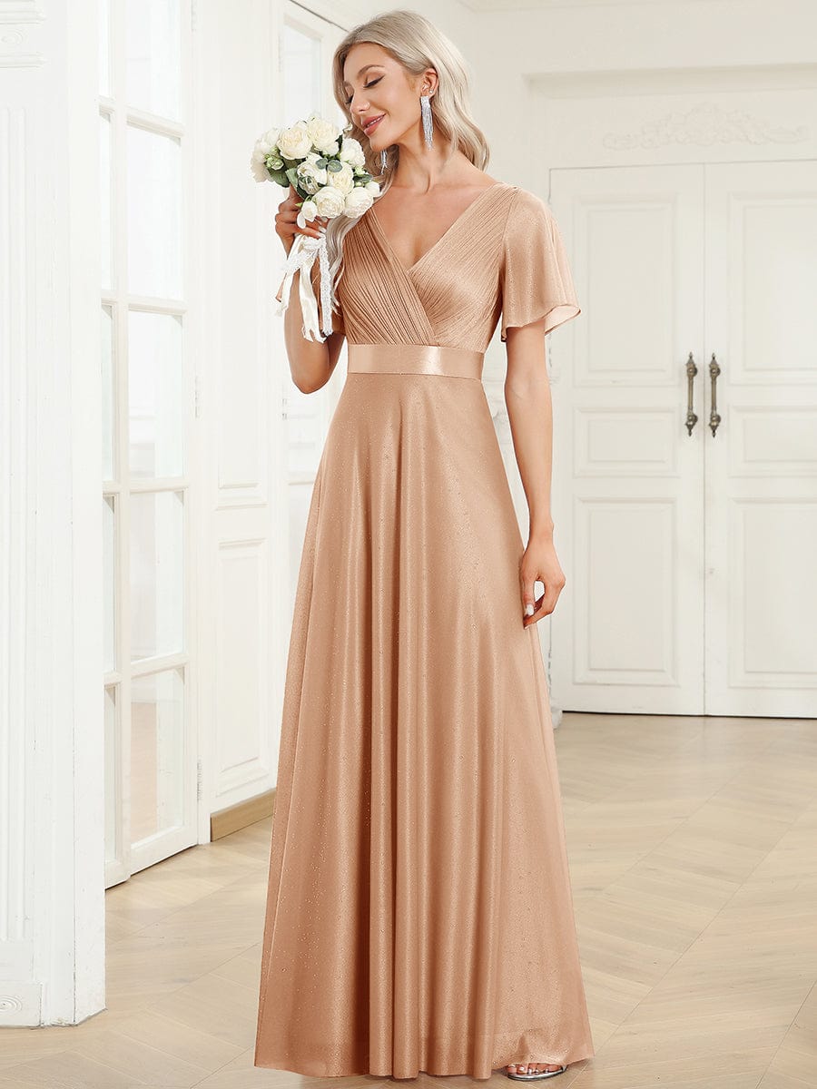 Long Shimmery Flutter Sleeve Pleated V-Neck Evening Dress #color_Rose Gold