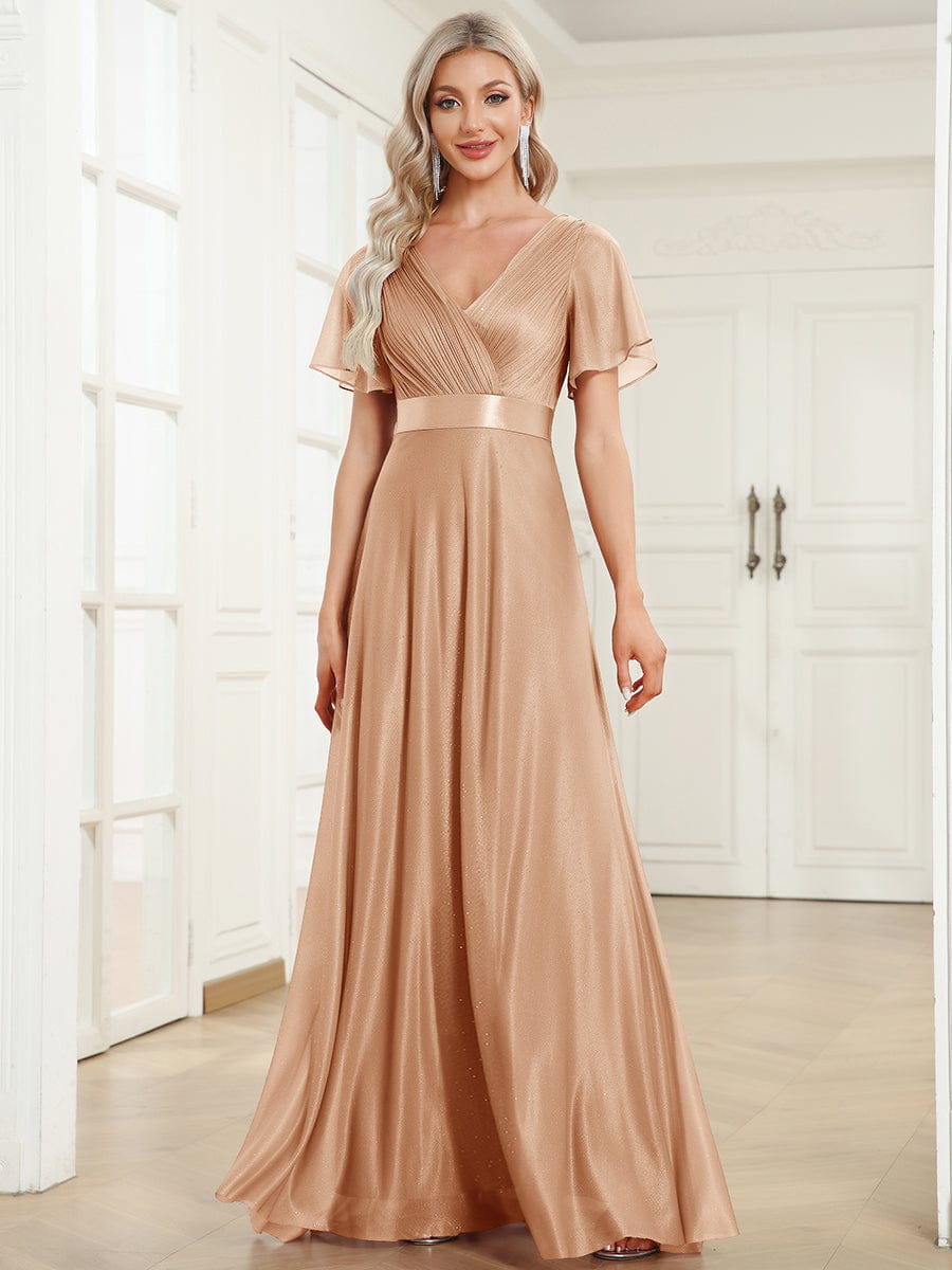 Long Shimmery Flutter Sleeve Pleated V-Neck Evening Dress #color_Rose Gold