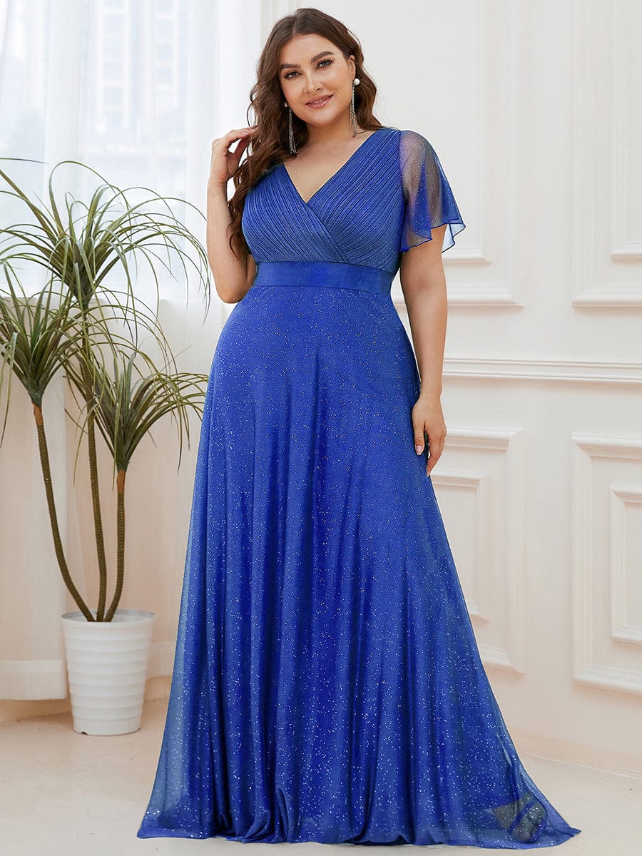 Long Shimmery Flutter Sleeve Pleated V-Neck Evening Dress #color_Sapphire Blue