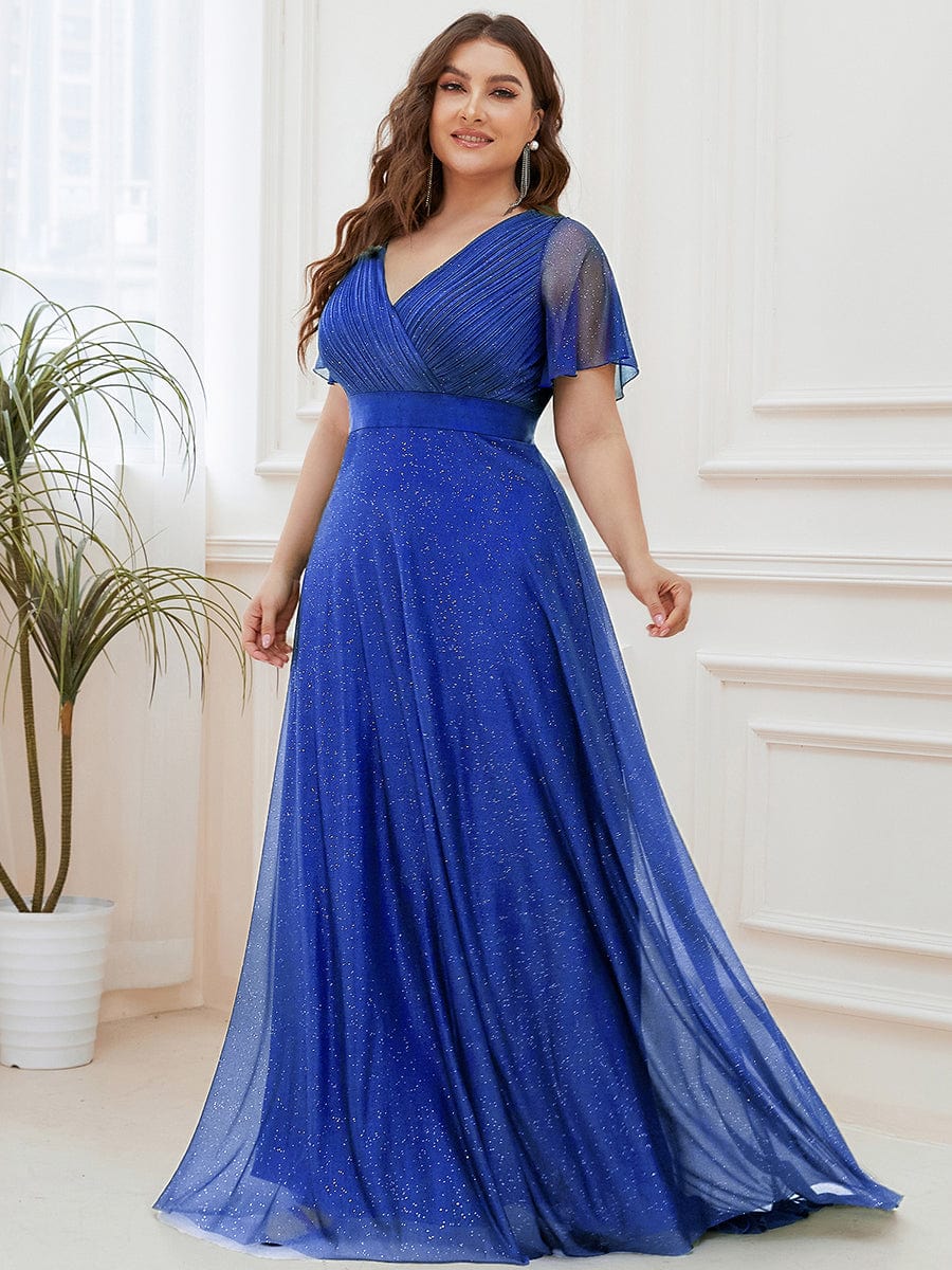 Plus Size Long Shimmery Pleated V-Neck Evening Dress with Flutter Sleeve #color_Sapphire Blue
