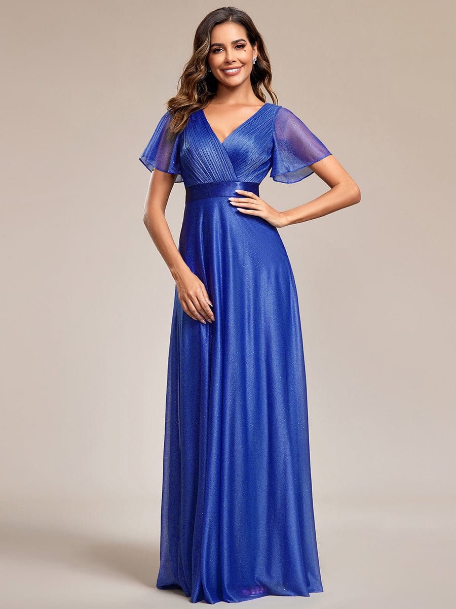Long Shimmery Flutter Sleeve Pleated V-Neck Evening Dress #color_Sapphire Blue