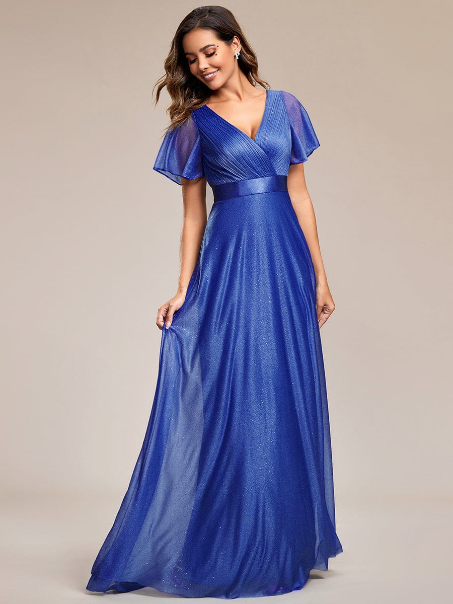 Long Shimmery Flutter Sleeve Pleated V-Neck Evening Dress #color_Sapphire Blue