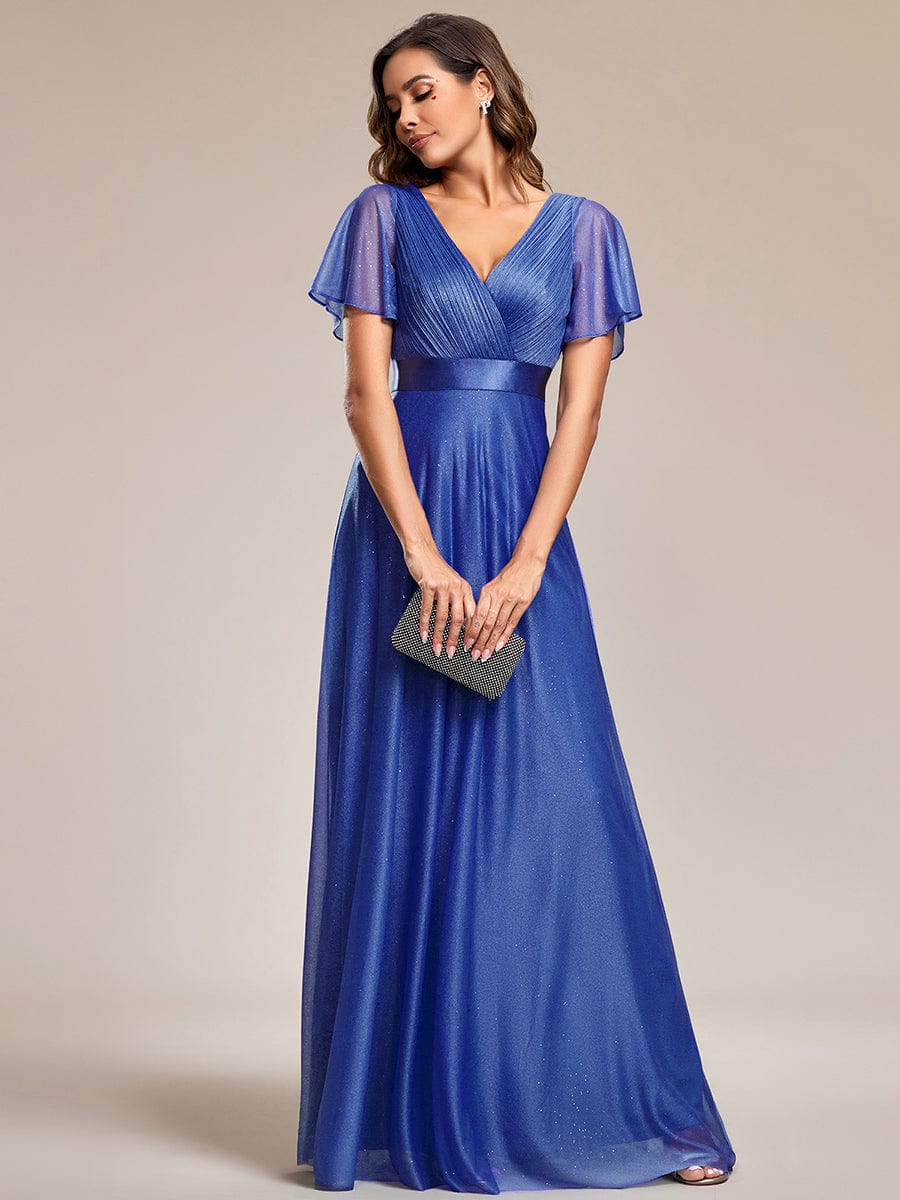 Long Shimmery Flutter Sleeve Pleated V-Neck Evening Dress #color_Sapphire Blue