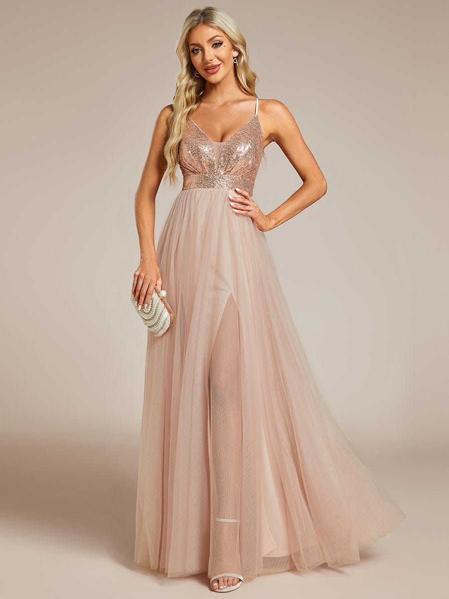 Sequined and Tulle V-Neck Backless Evening Dress with High Slit #color_Rose Gold