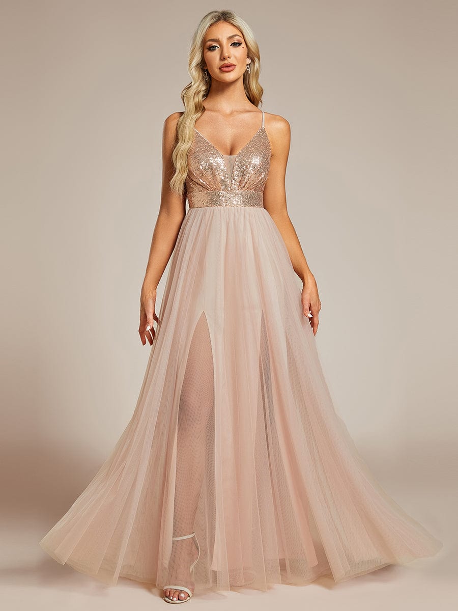 Sequined and Tulle V-Neck Backless Evening Dress with High Slit #color_Rose Gold