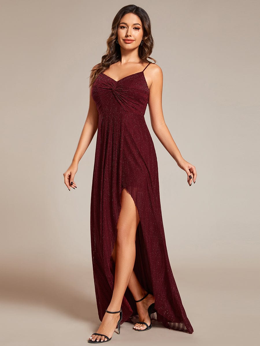 Sparkling High Slit Sleeveless V-Neck Evening Dress with Pleating