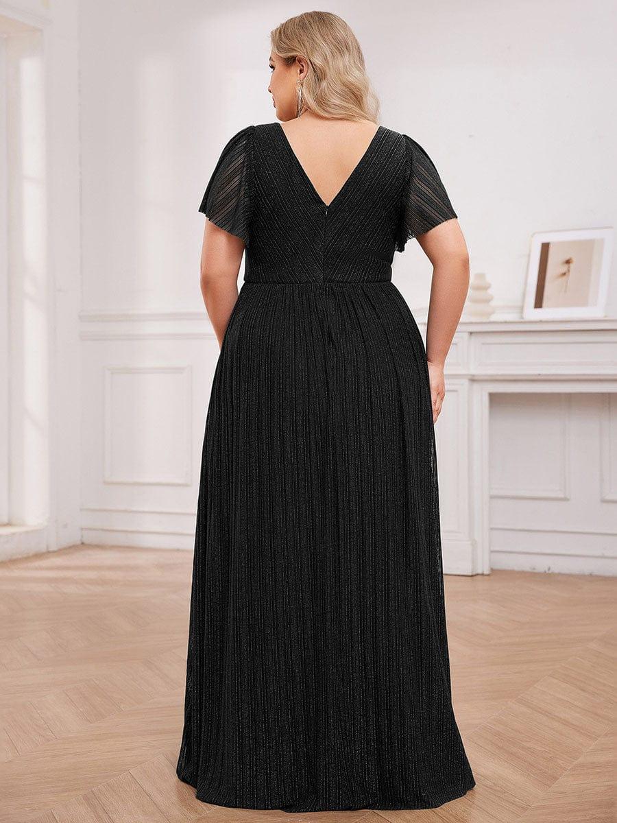 Glittery See-Through V-Neck Empire Waist Evening Dress with Short Sleeves #color_Black