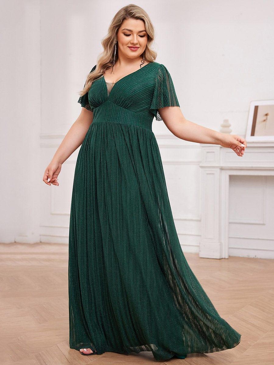 Glittery See-Through V-Neck Empire Waist Evening Dress with Short Sleeves #color_Dark Green