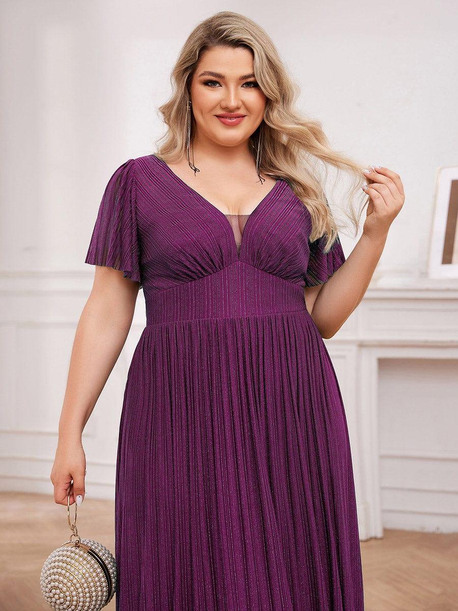 Glittery See-Through V-Neck Empire Waist Evening Dress with Short Sleeves #color_Purple Wisteria