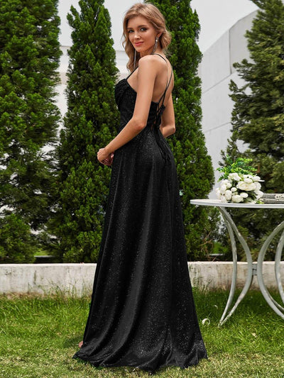 High Slit Cowl Neck Sequin Sleeveless Wedding Guest Dress #color_Black