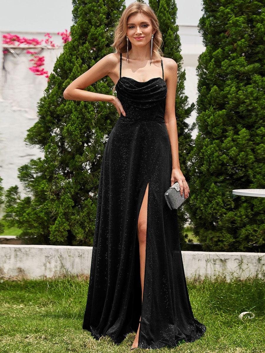 High Slit Cowl Neck Sequin Sleeveless Wedding Guest Dress #color_Black