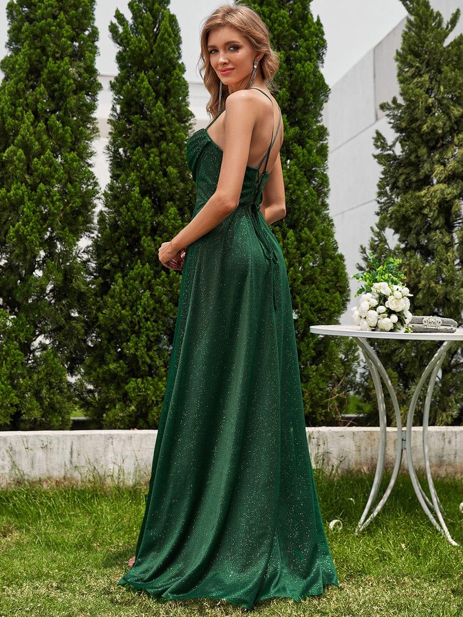 High Slit Cowl Neck Sequin Sleeveless Wedding Guest Dress #color_Dark Green