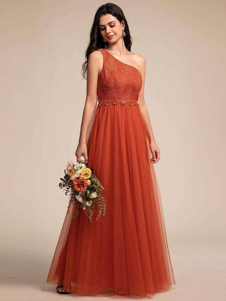One Shoulder Tulle Maxi Bridesmaid Dress with Embellished Bodice #color_Burnt Orange