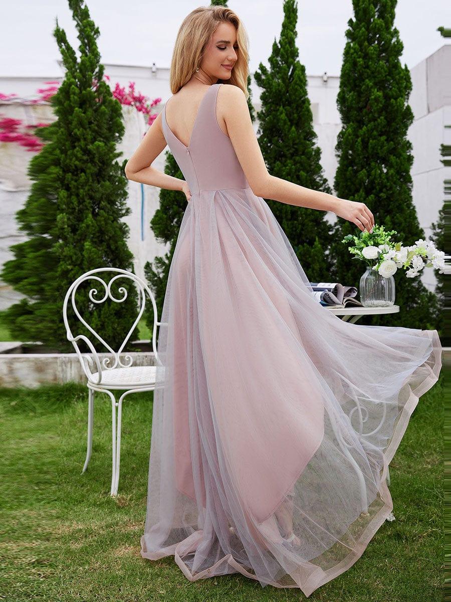 Sleeveless V-Neck A-Line High-Low Embroidered Applique Tulle Evening Dress #color_Pink