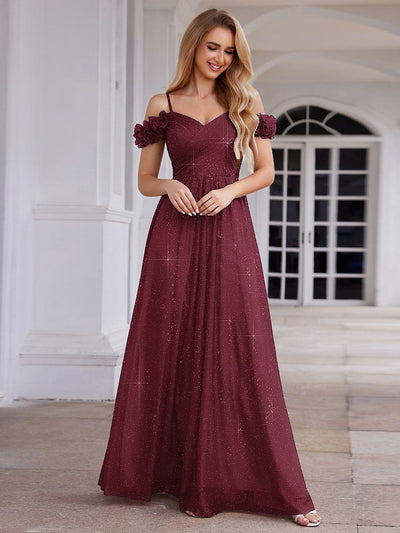 Stylish Cold-Shoulder Floor Length Bridesmaid Dress with Side Slit #color_Burgundy