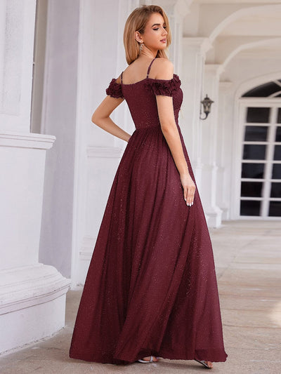 Stylish Cold-Shoulder Floor Length Bridesmaid Dress with Side Slit #color_Burgundy