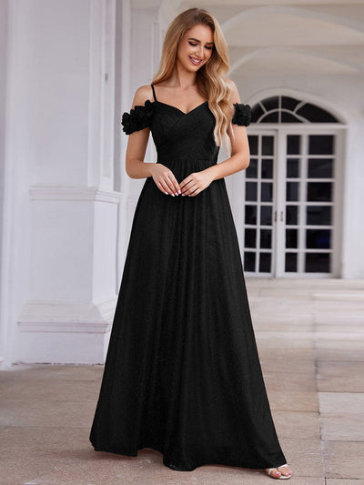 Sparkling V-Neck Cold-Shoulder Pleated Evening Dress with Floral Details #color_Black