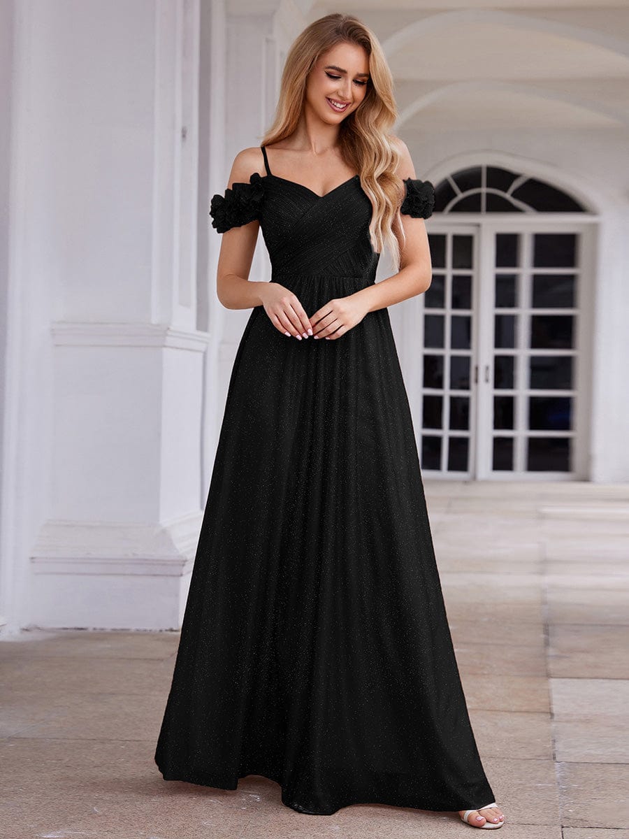 Sparkling V-Neck Cold-Shoulder Pleated Evening Dress with Floral Details #color_Black